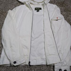 Eddie Bauer Vintage 80s 90s White Hooded Jacket with Zip Front Lined Lightweight